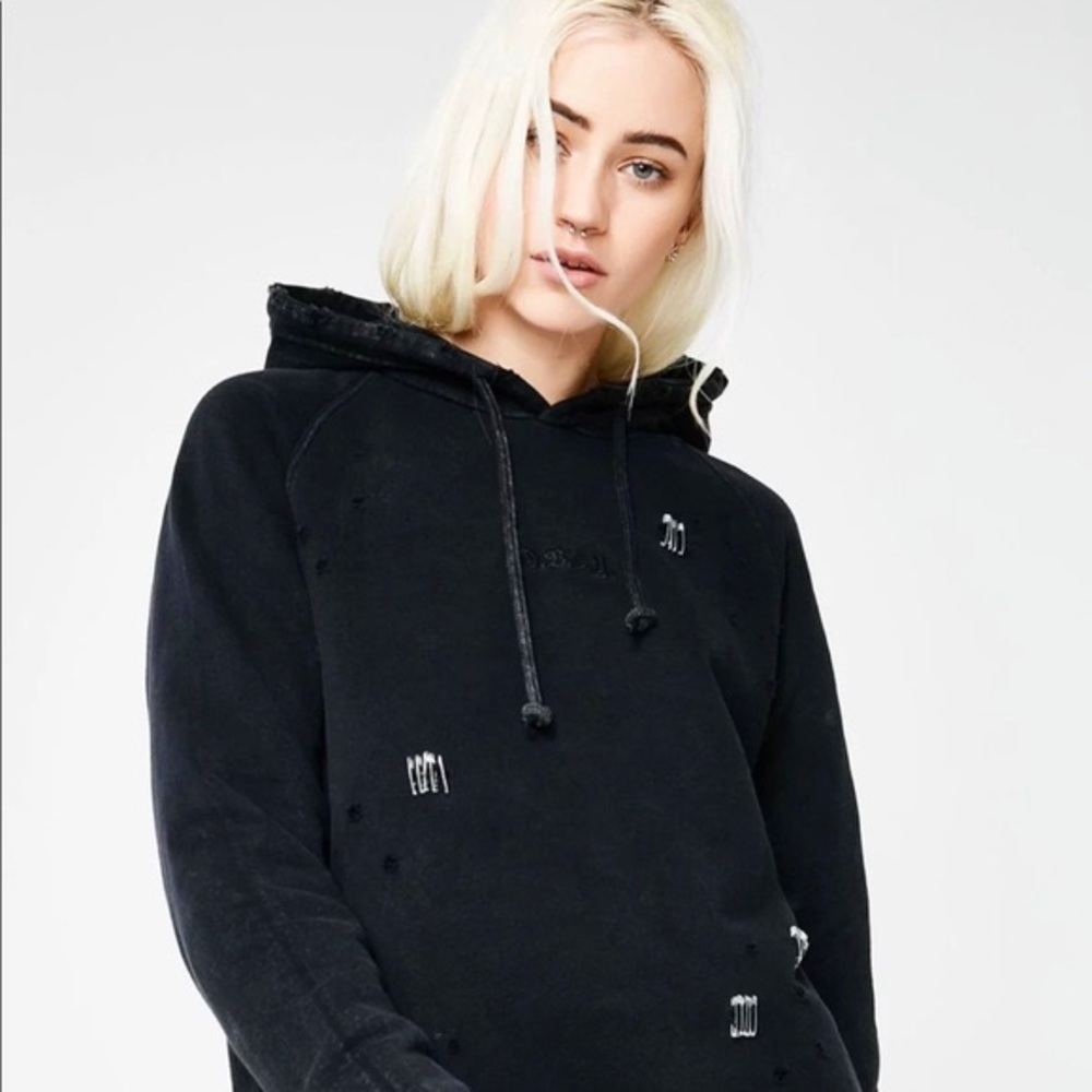 ‼️NEW‼️ DEADSTOCK Obey Arlo Acid Washed Black Distressed Safety Pin Hoodie L